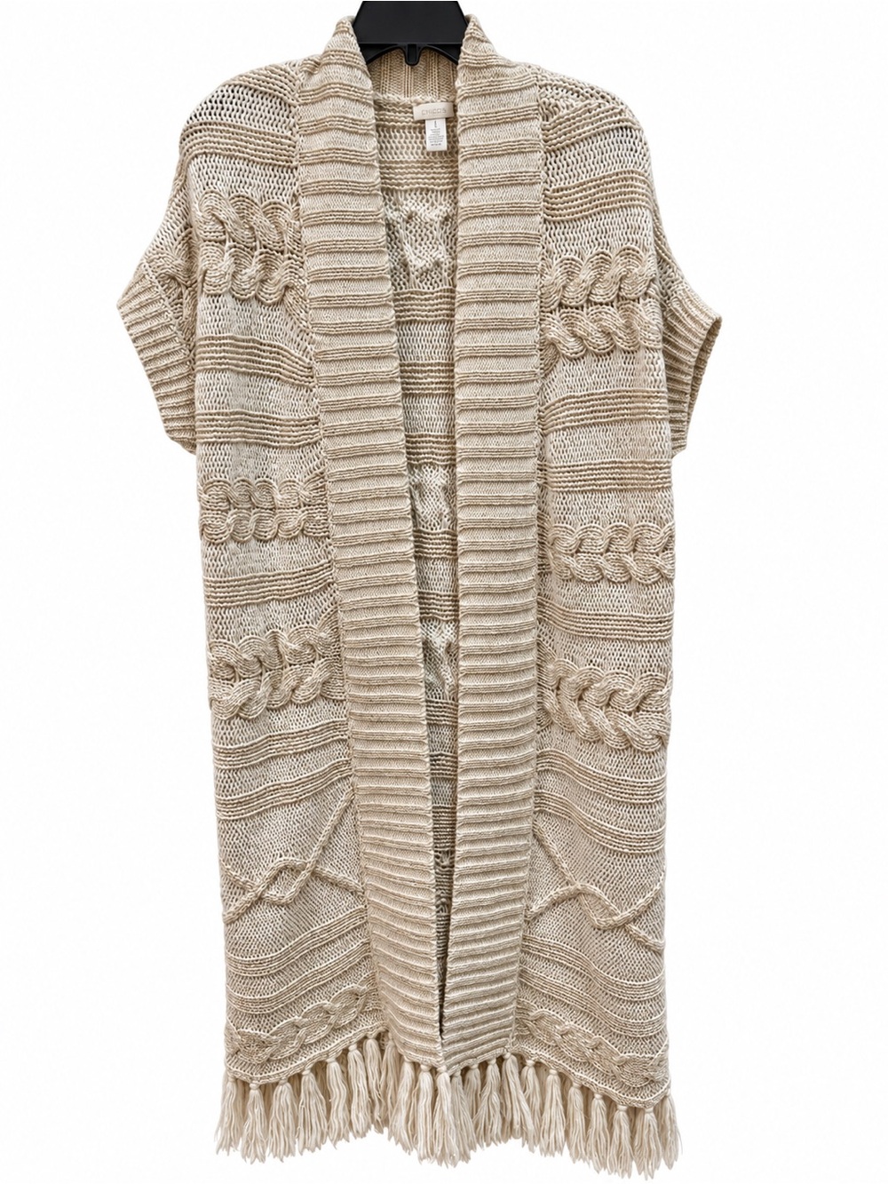Chico's Cream/Gold Cable-Knit Fringe Open Front Sweater Vest, size 1 (M)